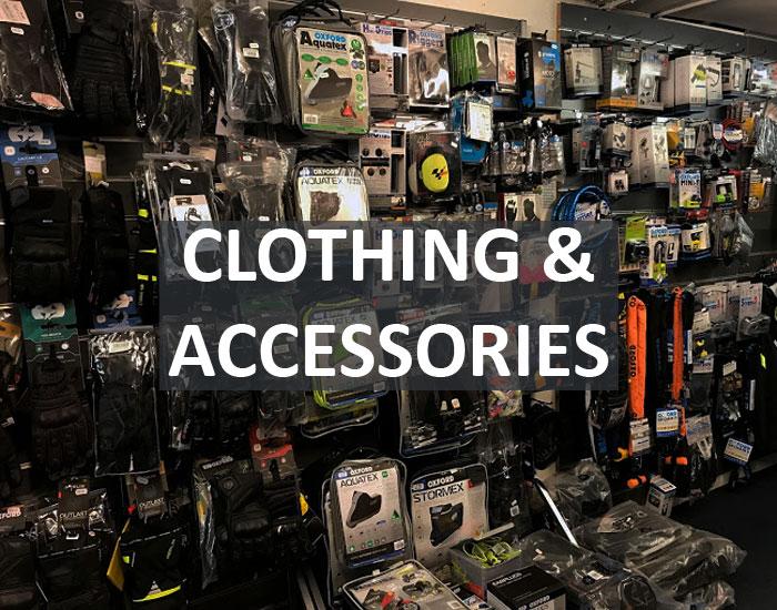 Just some of the range of accessories we sell for your motorbike, including covers, tank pads and locks.