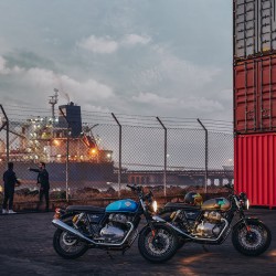 Royal Enfield Interceptors at dusk