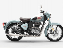 Halycon Blue Royal Enfield Classic 350 motorbike in Halycon Blue