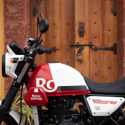 Close up of tank on Royal Enfield Scram motorbike